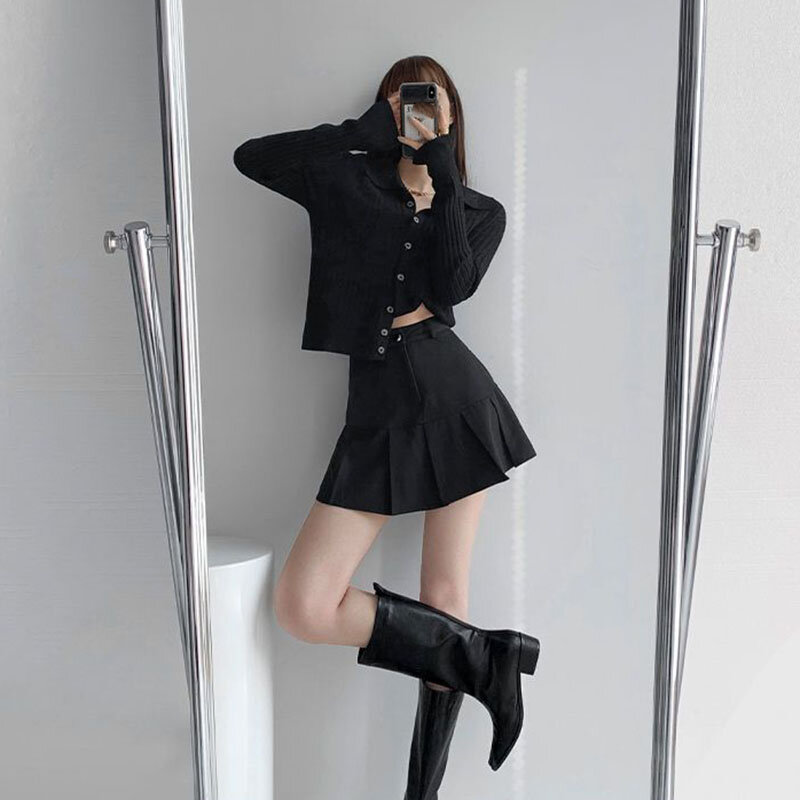 Y2k-女性のハイウエストプリーツスカート,大学スタイルのユニフォーム,安全パンツ,韓国のストリートウェア,細い線