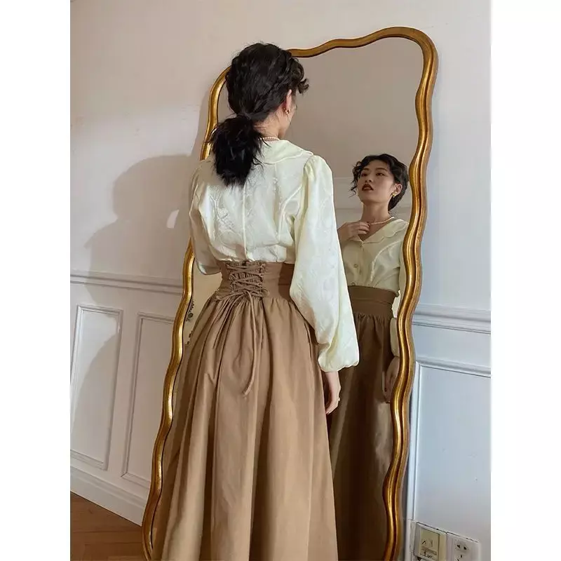 Rok Maxi Vintage coklat tua wanita, rok panjang berenda saku Harajuku pakaian musim panas musim gugur gaya Korea Y2k