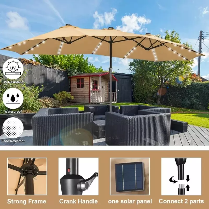 태양열 LED 조명이 있는 대형 파티오 우산, 초대형 야외 테이블 시장 우산, 크랭크 파티오 우산