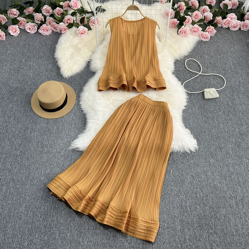 Design Inspired Set  Casual Temperament  Sleeveless Ruffled Loose Top+high Waisted Fishtail Skirt Two-piece Set womens outifits