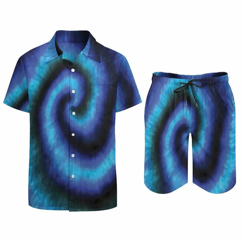 طقم قميص شاطئ بصبغة ربطة عنق للرجال ، طباعة حلزونية زرقاء ، أكمام قصيرة ، شورت غير رسمي ، بدلة هاواي صيفية ، ملابس مقاس كبير