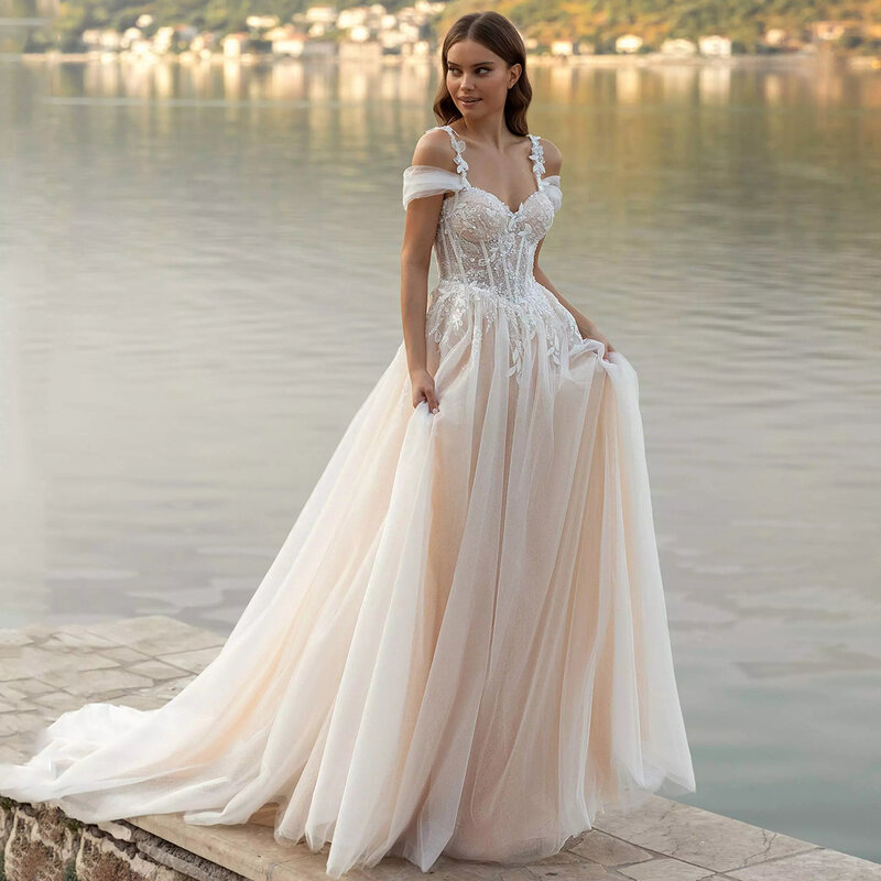 Sparkle Sequins Spaghetti Straps Tulle Bridal Gown Zipper Sweetheart Drop Off Shoulders A Line Exquisite Plus Size Wedding Dress