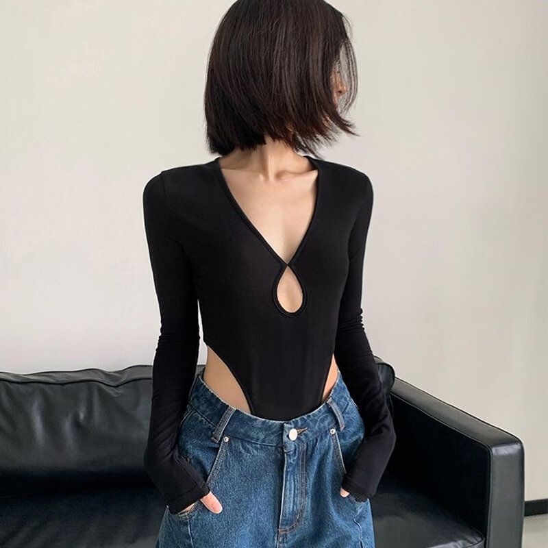 Americano preto bodysuits para as mulheres primavera outono magro em torno do pescoço manga longa camiseta 2022 novo v-neck oco topos de uma peça