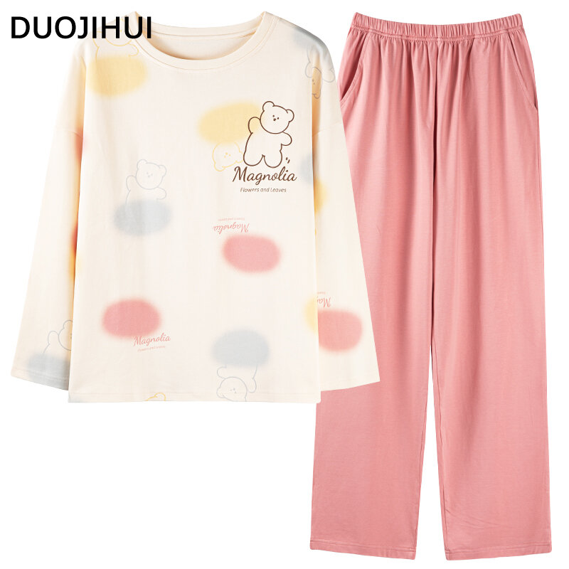 DUOJIHUI-Conjunto de pijama con bolsillo para mujer, ropa de dormir con estampado Simple, holgada, básica, suave, clásica, informal, para el hogar, otoño