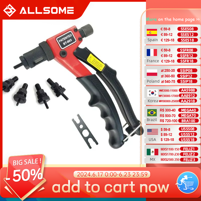 ALLSOME BT-603 수동 리베터 건 핸드 리벳 도구 키트, 리벳 너트 설정 도구, 너트 세터 M3, M4, M5, M6