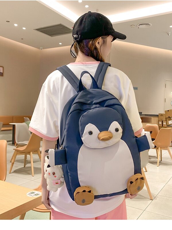 Aangepaste Koreaanse Versie Grote Capaciteit Eenvoudige Rugzak Gepersonaliseerde Borduurwerk Schattige Pinguïn Student Rugzak