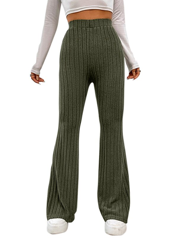 Женские расклешенные брюки с высокой талией, повседневные однотонные ребристые брюки с колокольчиками, эластичные брюки-клеш, уличная одежда