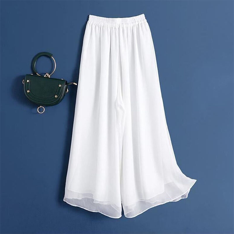 Pantaloni a gamba larga in Chiffon Casual da donna di moda pantaloni larghi di grandi dimensioni larghi bianchi elastici a vita alta abbigliamento femminile pantaloni Oversize