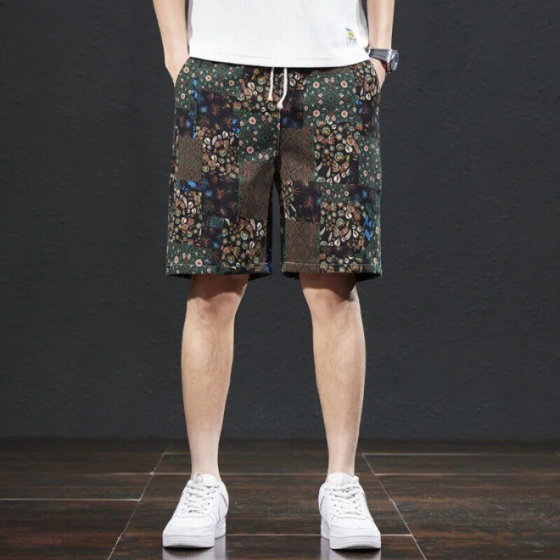 Beach pants men's summer thin ethnic style printed capris, trendy loose, elastic, breathable BOY's shorts
