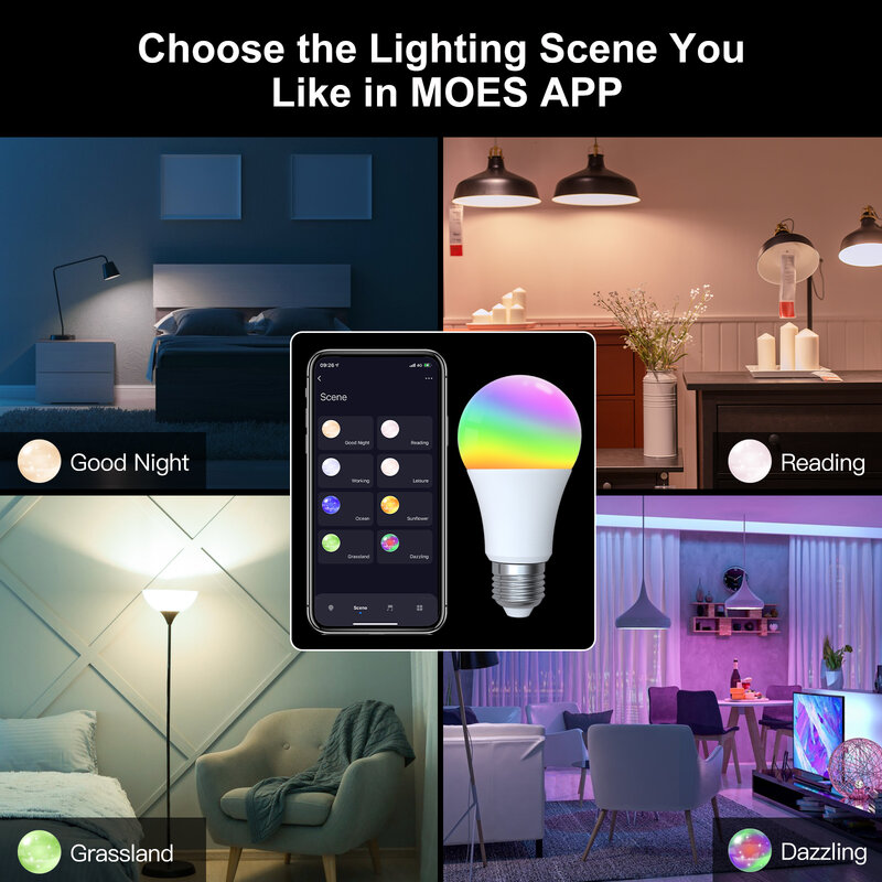 MOES-bombilla LED inteligente ZigBee, lámpara RGB regulable, Tuya E27, 806Lm, Control remoto por aplicación Smart life, Alexa, Google Voice, 9W, 90-250V