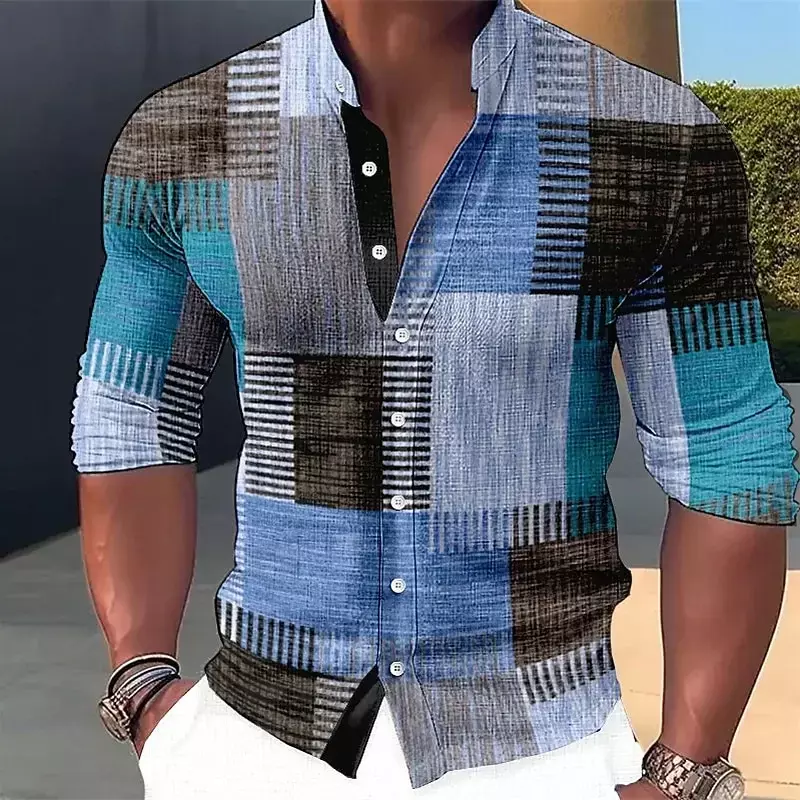 Men's shirt plaid/check pattern geometric stand collar outdoor street long sleeve fashion streetwear design casual