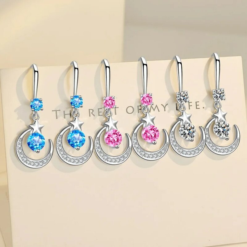 925 Sterling Silver nowych kobiet moda biżuteria kryształ wysokiej jakości cyrkon gwiazda księżyc długi Tassel kropla wody hak kolczyki