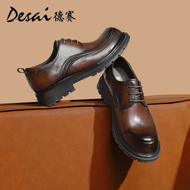 Desai รองเท้าหนังลำลองส้นตึกสำหรับผู้ชาย, รองเท้าหนังลำลองรองเท้าลำลองรองเท้าดาร์บี้แบบย้อนยุคข้อต่ำ