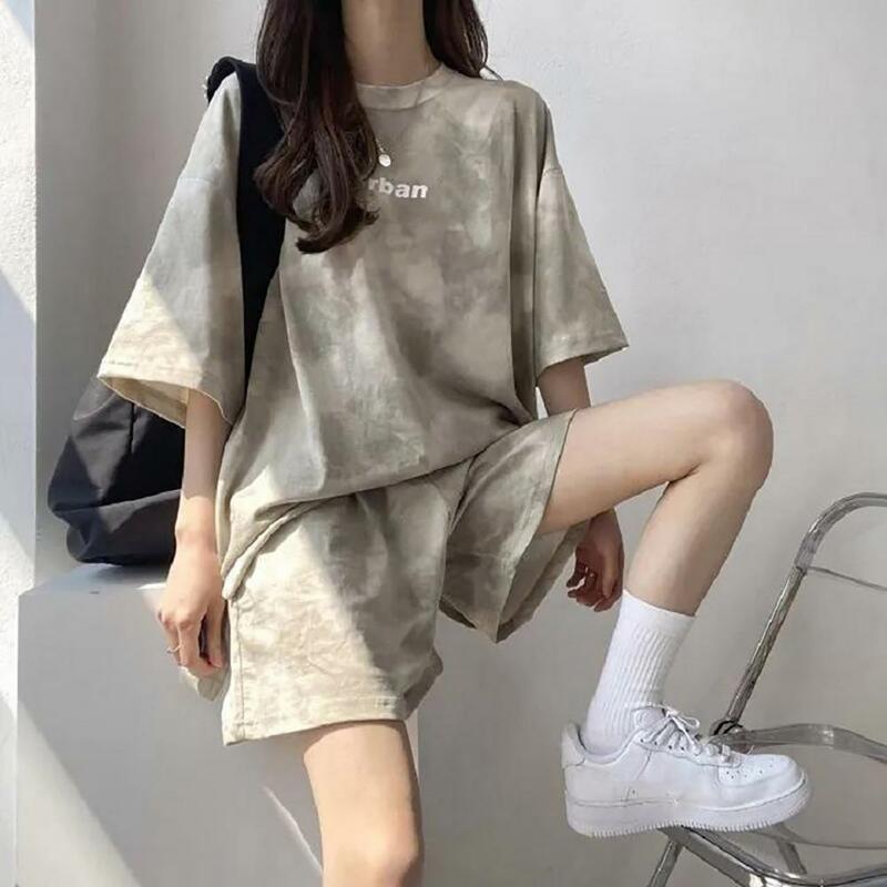 Summer T-shirt Shorts Set Tie-dye Women's Outfit Shorts Set with Elastic Waist Loose Top Mini Shorts Casual Sport