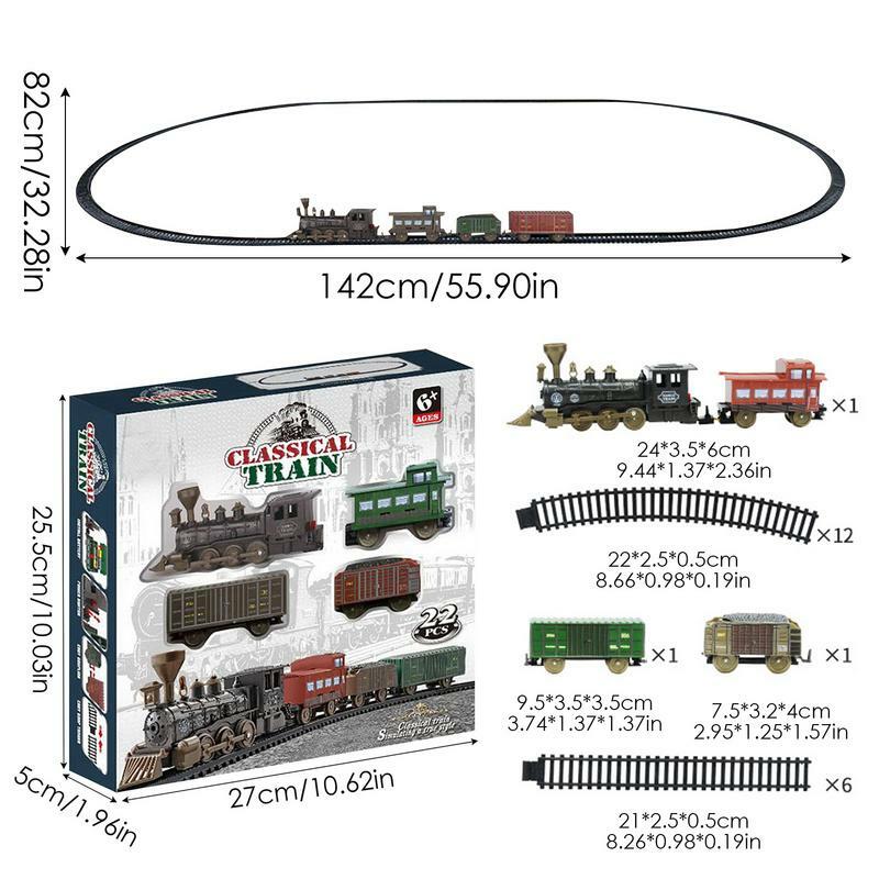 Conjunto de trem clássico elétrico, Bateria operado jogar trem brinquedos, carro de carga e trilha longa quebra-cabeça, trem ferroviário modelo