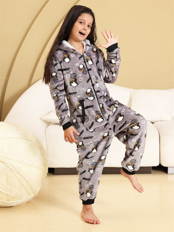 Pijama de franela con capucha para niños, mono con estampado de pingüino gris lindo, mono de invierno para niñas