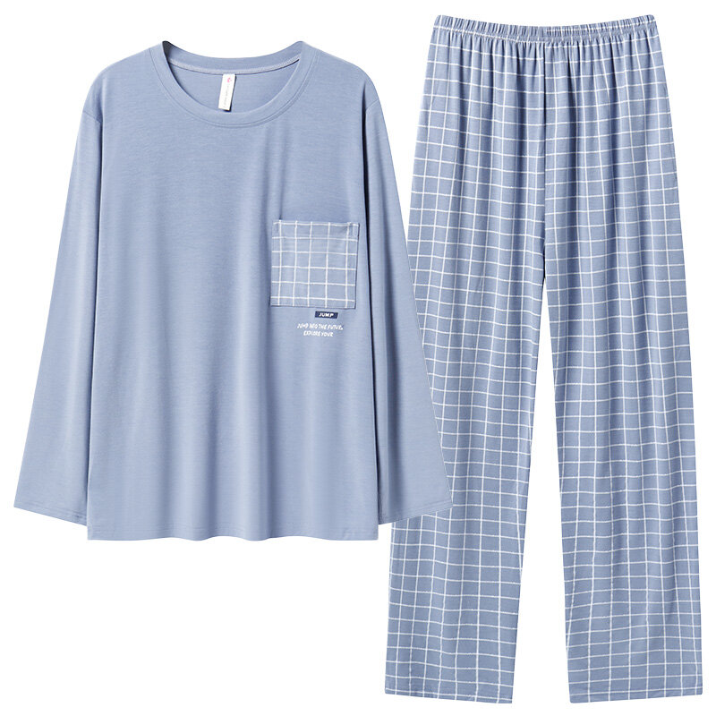 Pijama de manga larga con cuello redondo para hombre, conjunto de ropa de dormir de Modal suave, camisetas y pantalones largos, ropa de casa para primavera y otoño