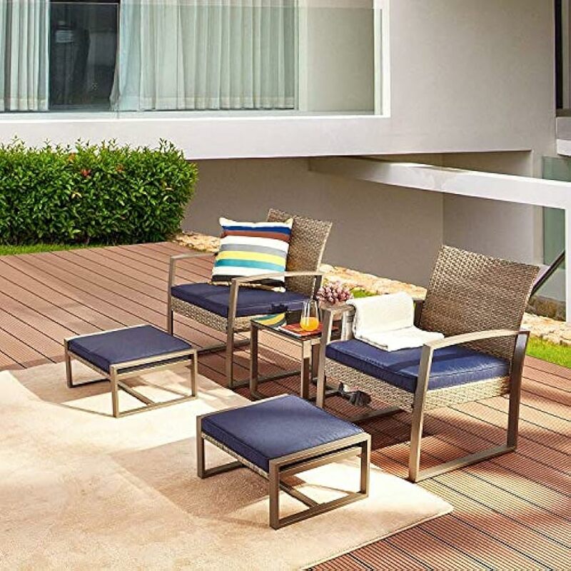5pcs Wicker Conversation Set Patio PE Rattan All Weather Cushioned Chairs Balcony Porch with Ottoman and Glass Coffee Side Table