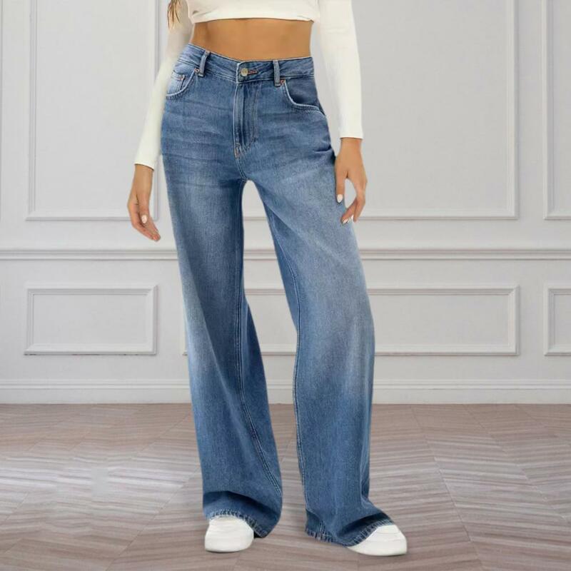 Calças jeans de perna larga feminina, jeans de cintura alta com bolsos múltiplos, calças de cor sólida, roupa diária, elegante