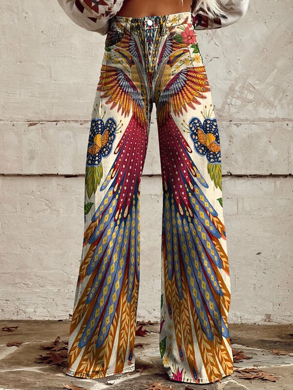 Celana kaki lebar wanita modis, celana S-3XL kaki lebar wanita kasual cocok untuk belanja sehari-hari pola 3D kupu-kupu retro