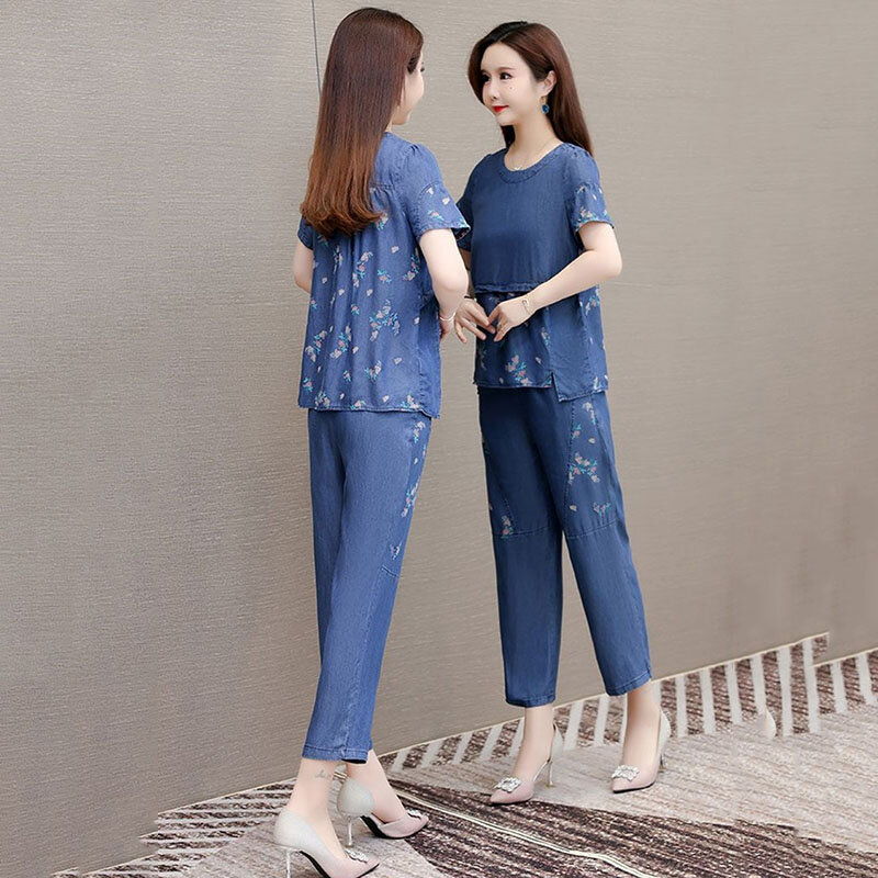 Top jeans de manga curta feminina com calças cortadas conjunto vaqueira, pulôver fino estampa, terno casual feminino, high-end, 4XL, verão, 2 peças, 2022