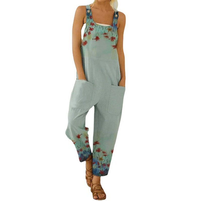 Summer New Women's Retro Abstract Print Women's Suspenders Large Size Jumpsuit