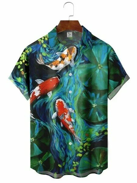 夏の花海動物漫画プリント男性女性ボタンアップ半袖シャツファッションシャツ半袖トップ