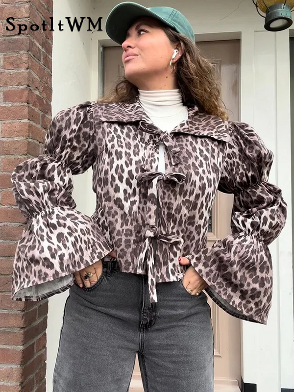 Fashion Leopard Print Lace Up Shirts Women Vintage Lapel Hollow Out Puff Long Sleeve Blouse 2024 New Spring Female Street Tops