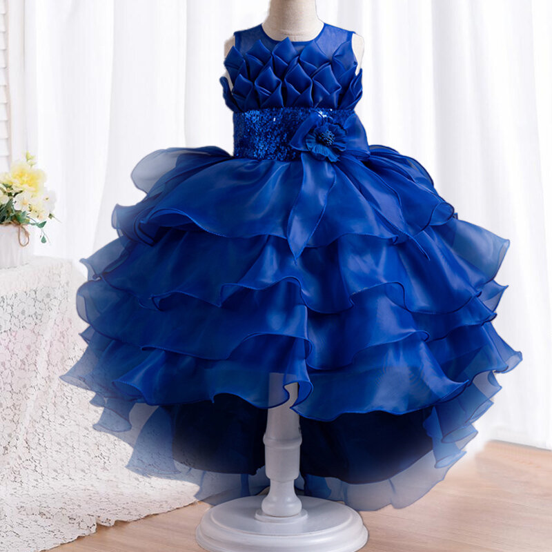 Vestido de pastel de organza para niña, vestido de noche elegante de cola de flores para niña, vestido de fiesta de cumpleaños con lazo, 4-12 años