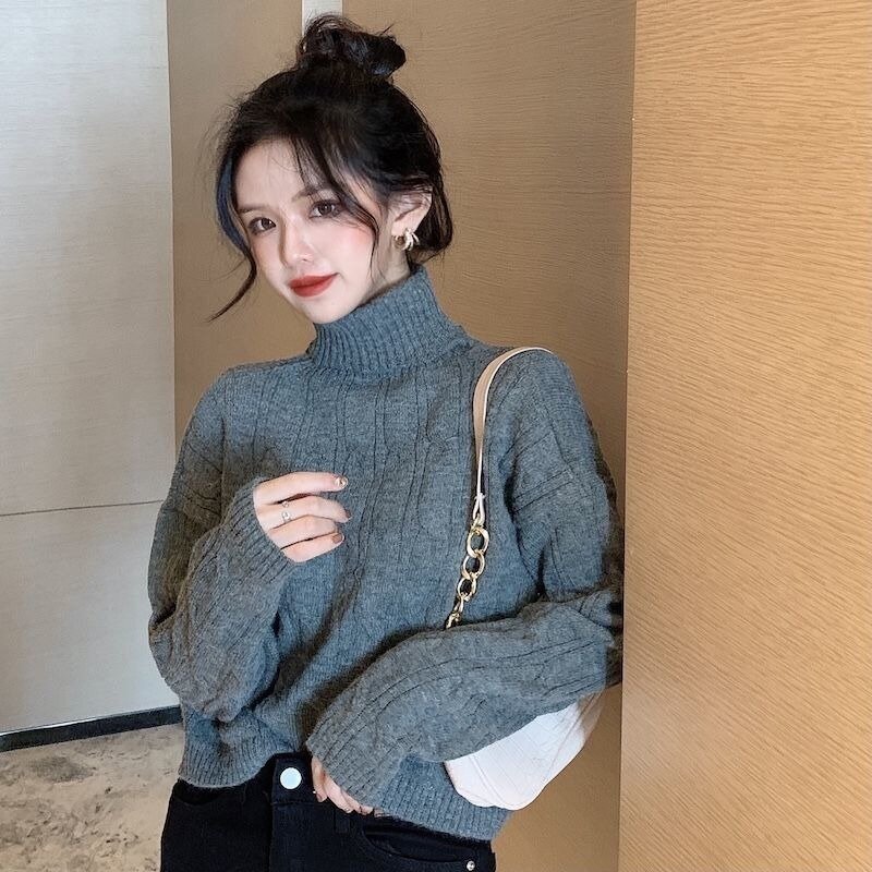Na szyję sweter damski koreański leniwy smażony z ciasta dzianina luźny słodki miękki, ciepły, delikatny zimowy damski sweter