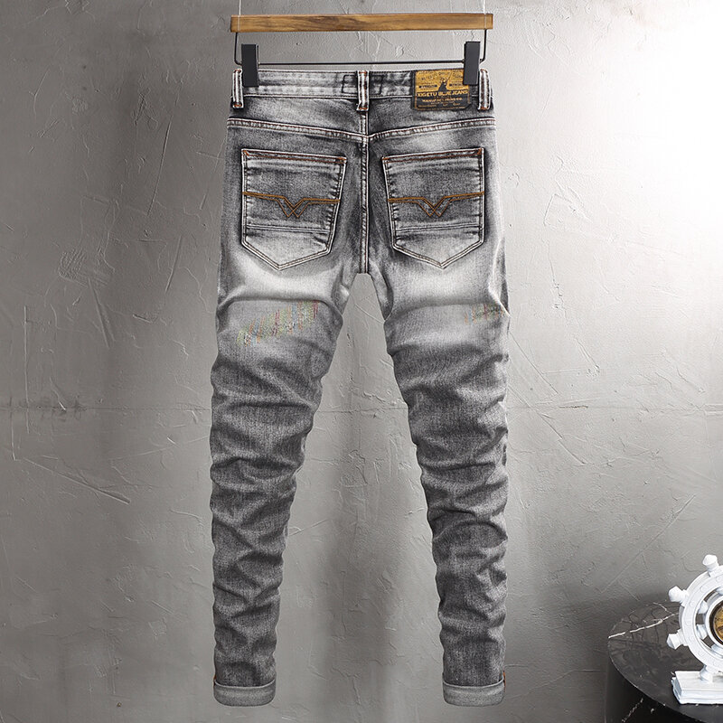 Streetwear Fashion Men Jeans Retro Washed Gray Elastic Slim Fit Ripped Jeans Men Embroidery Designer Vintage Denim Pants Hombre