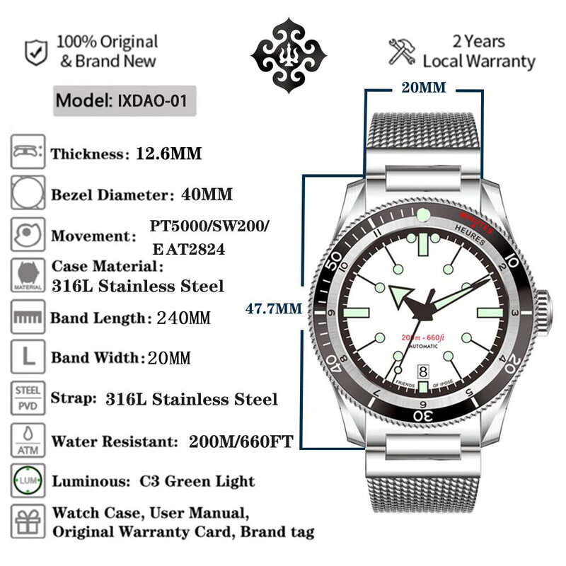 IPOSE IX & DAO GMT-Reloj mecánico automático para Hombre, pulsera deportiva de lujo de 40mm, con revestimiento AR 2023, C3, para buceo, PT5000, nuevo, 5303