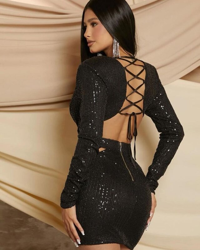 BKLD Black Dress 2024 New Deep V-Neck Open Back Lace-Up Hollow Out Sexy Wrap Hip Short Dresses Night Club Outfits For Women