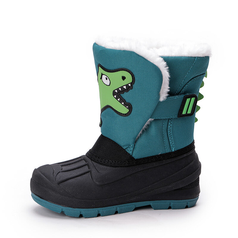 Зимние детские зимние ботинки для мальчиков и девочек, теплые водонепроницаемые лыжные ботинки, детские высокие ботинки с милым мультяшным принтом динозавра
