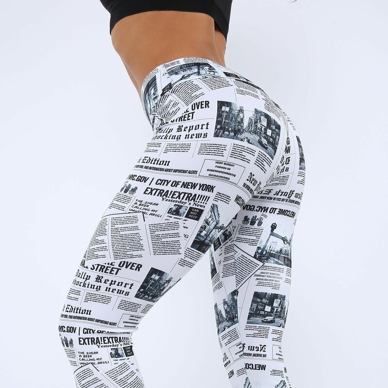 2023 Summer Workout Leggings Black White High Street Newspaper Letter Print Streetwear Legging Fitness Women Sexy Casual Trouser