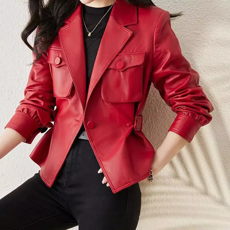 2024 jaket kulit asli untuk wanita, jaket kulit asli kelas atas warna polos sederhana dengan sabuk ramping asli, mantel kulit domba