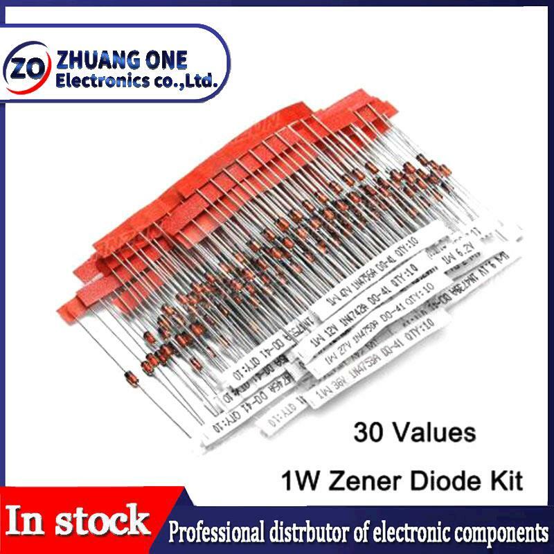 30 Values 1W Zener Diode Assorted Kit 3V 3.3V 3.6V 5.1V 5.6V 7.5V 10V 12V 13V 15V 16V 18V 20V 22V 24V 30V 33V 47V Assortment Set