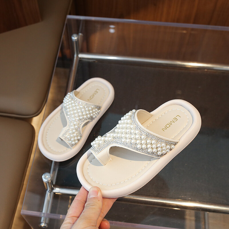 Sandália infantil de diamante flash pérola, sapato antiderrapante macio para meninas, preto, branco, nova moda, verão