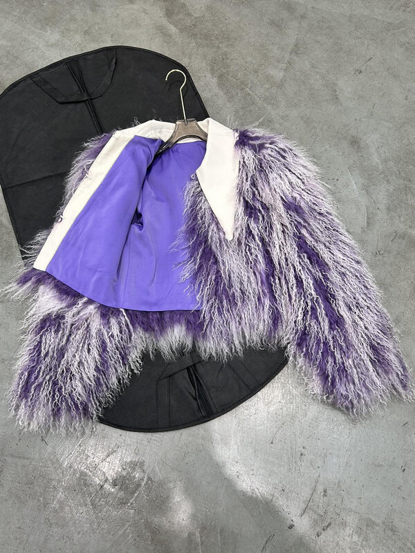 Fur coat lapel short loose version of the collision color one button design warm and comfortable 2023 winter new 1206