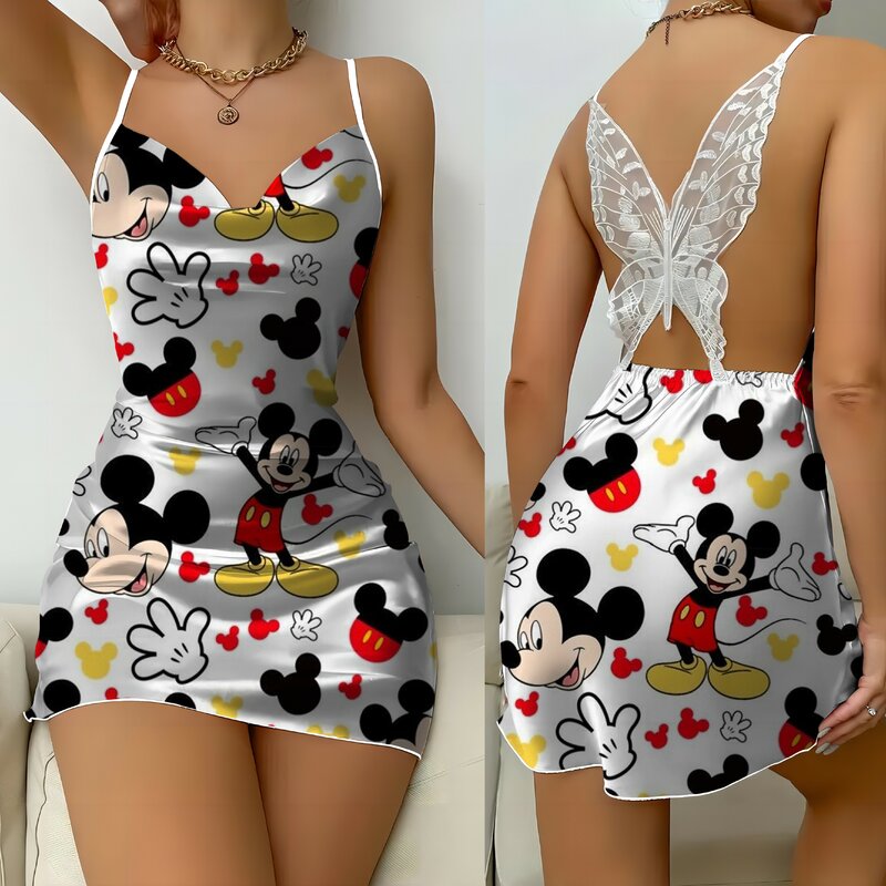 Gaun punggung terbuka untuk wanita, gaun rok piyama permukaan Satin Mickey Minnie Mouse Disney dengan pita kupu-kupu, Gaun Mode Musim Panas 2024, pesta Mini seksi untuk wanita