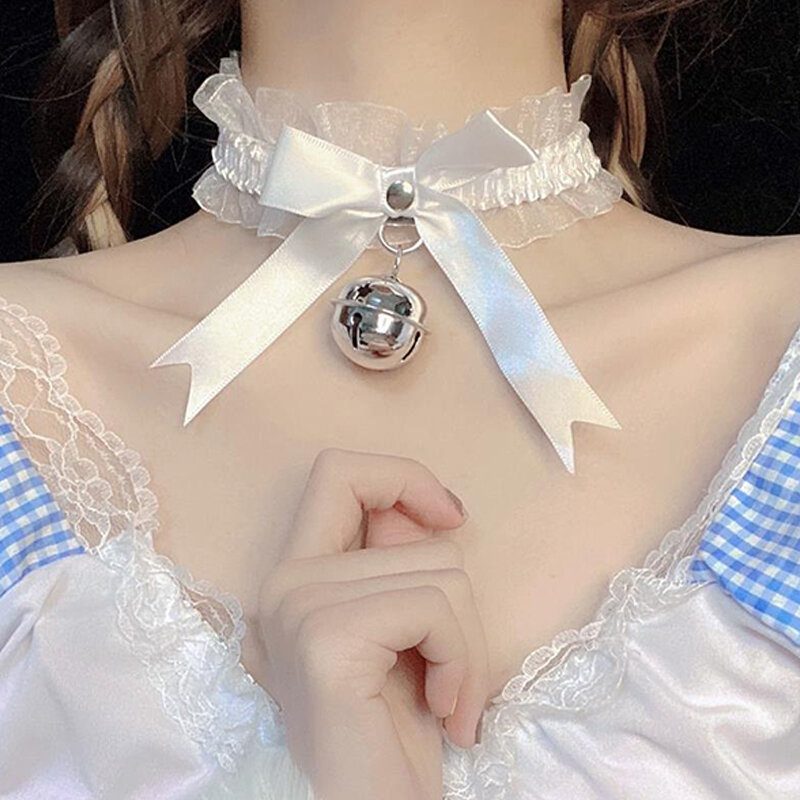 Cute White Bow Lace Small Bell Necklace Choker Collarbone Chain Neck Jewelry Sweet Girl Neckband Cos Maid Collar Sex Accessories