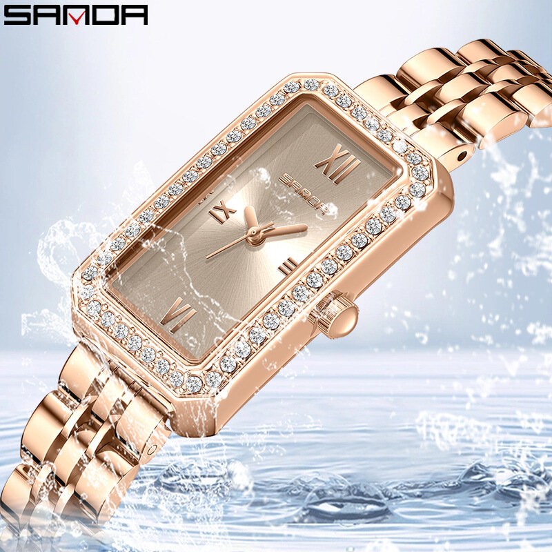 Sanda 탑 브랜드 트렌디 디자인 직사각형 다이얼, 방수 쿼츠 무브먼트, 비즈니스 여성 아날로그 손목 시계, 핫 세일