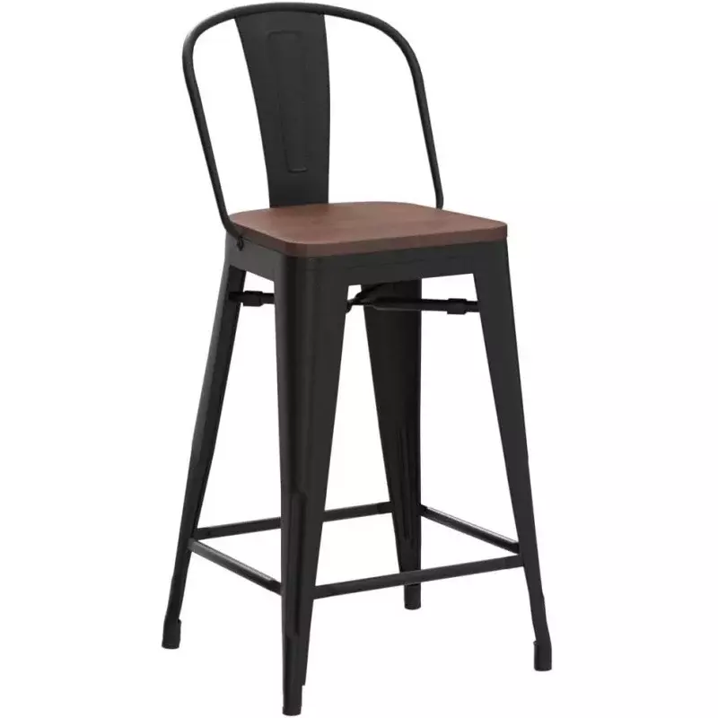 Haobo เก้าอี้เหล็ก barstools ฝาหลังสูง24 "พร้อมที่นั่งไม้ [ชุด4] เก้าอี้สตูลความสูงของเคาน์เตอร์สีดำด้าน