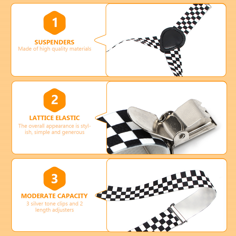 Checkered Clip-on Braces Elastic Clip-on Suspender (Black+White)