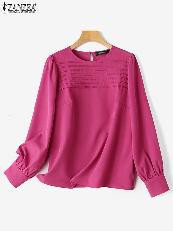 ZANZEA-Blusa plisada de manga farol para mujer, camisa elegante de Color liso con cuello redondo, para fiesta