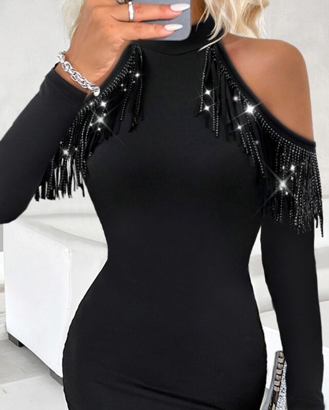 Vestido Bodycon con diseño de borla de diamantes de imitación para mujer, ropa femenina de temperamento, vestidos elegantes ajustados de moda