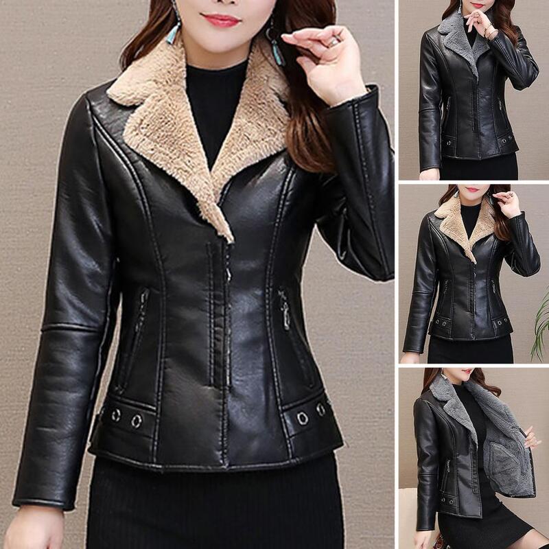 Women Jacket Stylish Faux Leather Women's Jacket with Plush Lining Zipper Pockets Turn-down Collar for Fall Winter for Ladies