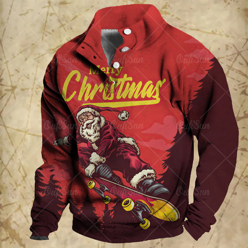 Vintage New In Hoodies Sweatshirts Merry Chrismas Print Long Sleeve Oversized Men's Y2k Clothing Casual Buttons Hooded Shirts