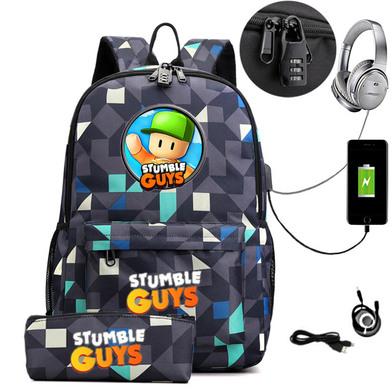 Stumble Guys School Bag para crianças, mochilas adolescentes, mochila de lona, menino e menina, 2pcs