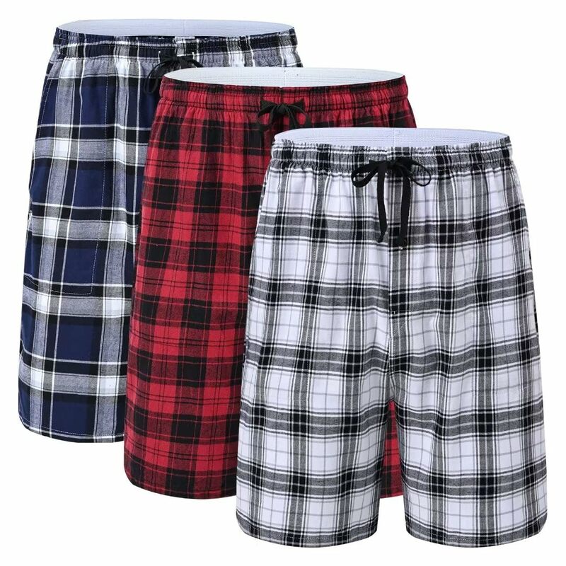 3Pcs Men's Sleep Pajama Shorts, Cozy & Soft Homewear 100% Cotton Plaid Design Casual Pants Set